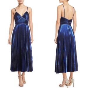 MARCHESA NOTTE Pleated Metallic Midi Dress Blue Sz 4